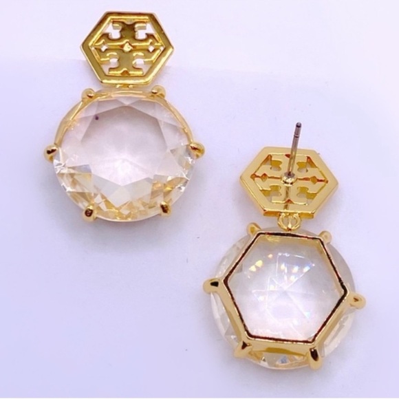 Tory Burch Gold hexagon and Clear Crystal small drop Earrings - Picture 7 of 7